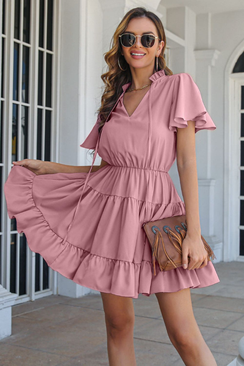 Tie Neck Tiered Flutter Sleeve Dress