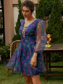 Floral Lace-Up Mesh Balloon Sleeve A-Line Dress