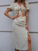 Ditsy Floral Tie Front Cutout Split Dress