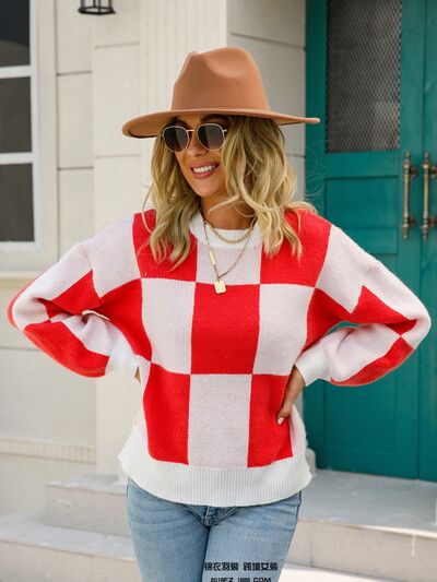 Checkered Round Neck Dropped Shoulder Sweater