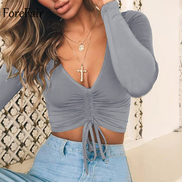 V Neck Long Sleeve Women Ruched Lace Up Casual Tee Shirt