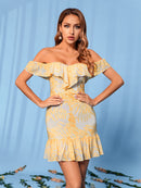 Printed Off-Shoulder Lace-Up Ruffle Hem Mini Dress