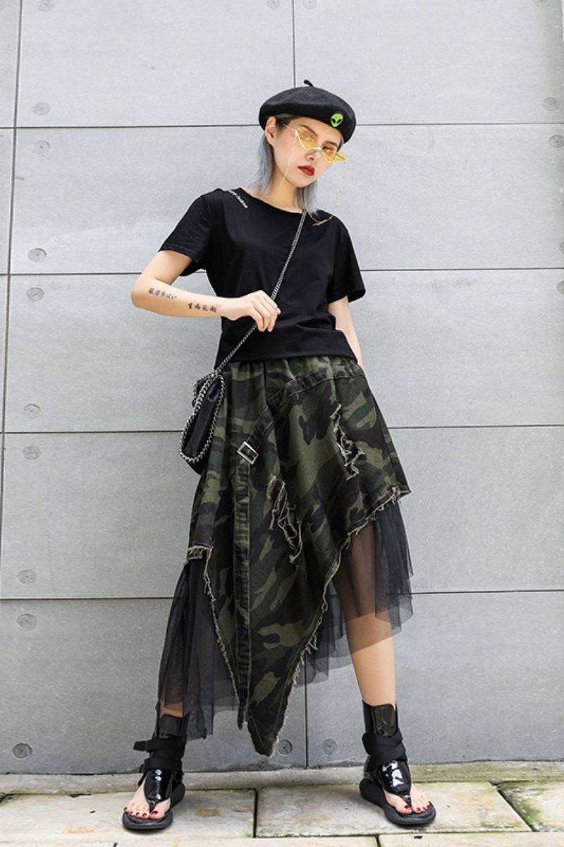 Camouflage Asymmetrical Distressed Denim Skirt with Mesh