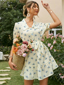 Floral Buttoned Lace Trim Mini Dress