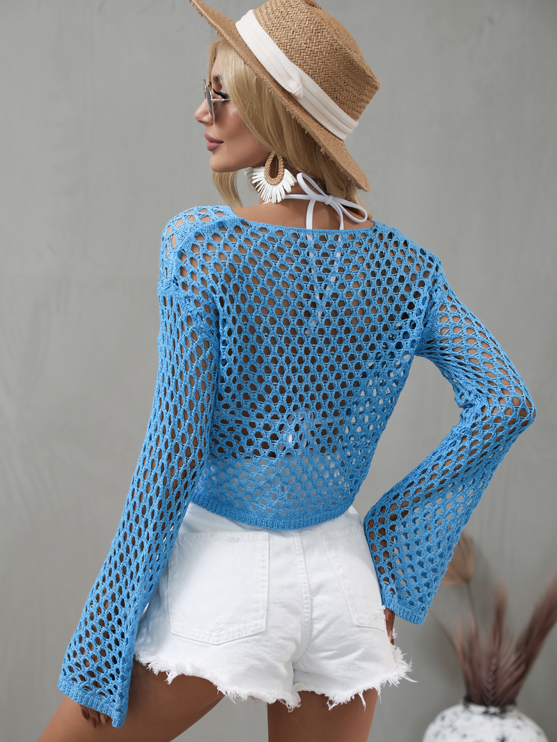 Round Neck Crochet Bell-Sleeved Cropped Beach Cover-ups