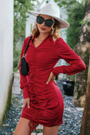 Ruched Drawstring Detail Johnny Collar Dress