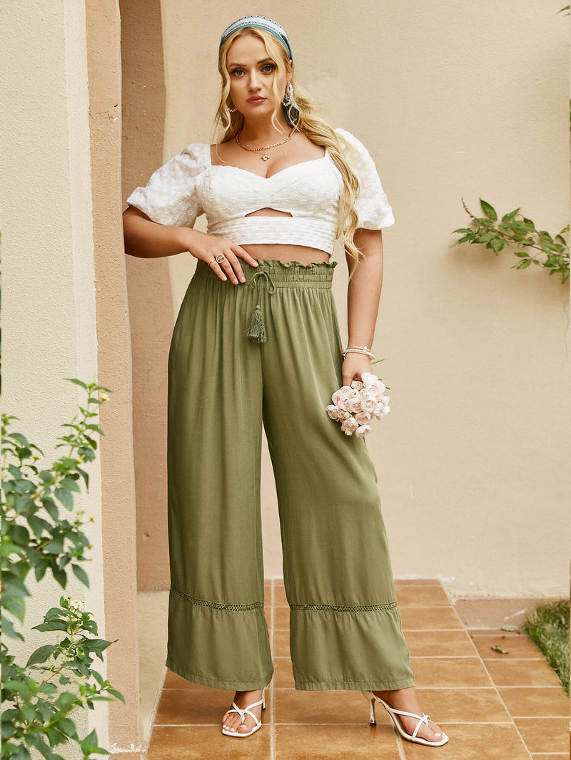 Plus Size Drawstring Detail Paperbag Wide Leg Pants