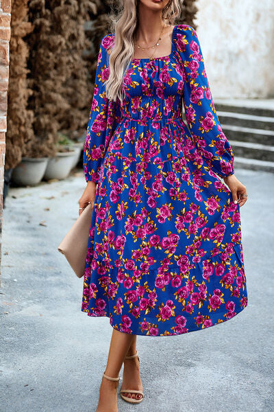 Printed Balloon Sleeve Pocketed Midi Dress