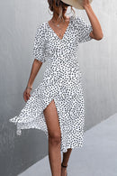 Printed Elastic Cuff Tie Waist Wrap Dress