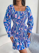 Abstract Print Square Neck Smocked Dress