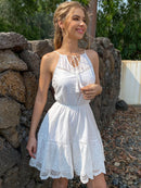 Embroidered Tassel-Tie Eyelet Scalloped Trim Sleeveless Dress