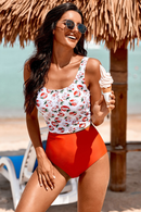Orange Square Neck Sleeveless Fashion Print Tankini Set