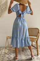 Plaid Cutout Square Neck Smocked Dress