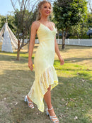 Lace Spaghetti Strap Deep V High-Low Dress