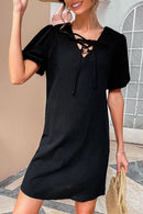 Lace-Up Short Puff Sleeve Mini Dress