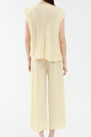 Accordion Pleated Notched Neck Top and Cropped Wide Leg Pants Set