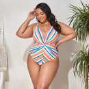 Striped Cross One Piece Large Size Women's Swimwear