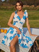 Floral Tie Shoulder Smocked Waist V-Neck Dress