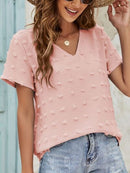 Swiss Dot V-Neck Short Sleeve Blouse