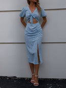 Ditsy Floral Tie Front Cutout Split Dress