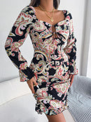 Printed Drawstring Ruffle Hem Dress