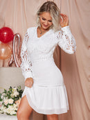 V-Neck Ruffle Hem Spliced Lace Dress