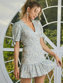 Floral Tie-Cuff Puff Sleeve Ruffle Hem Dress