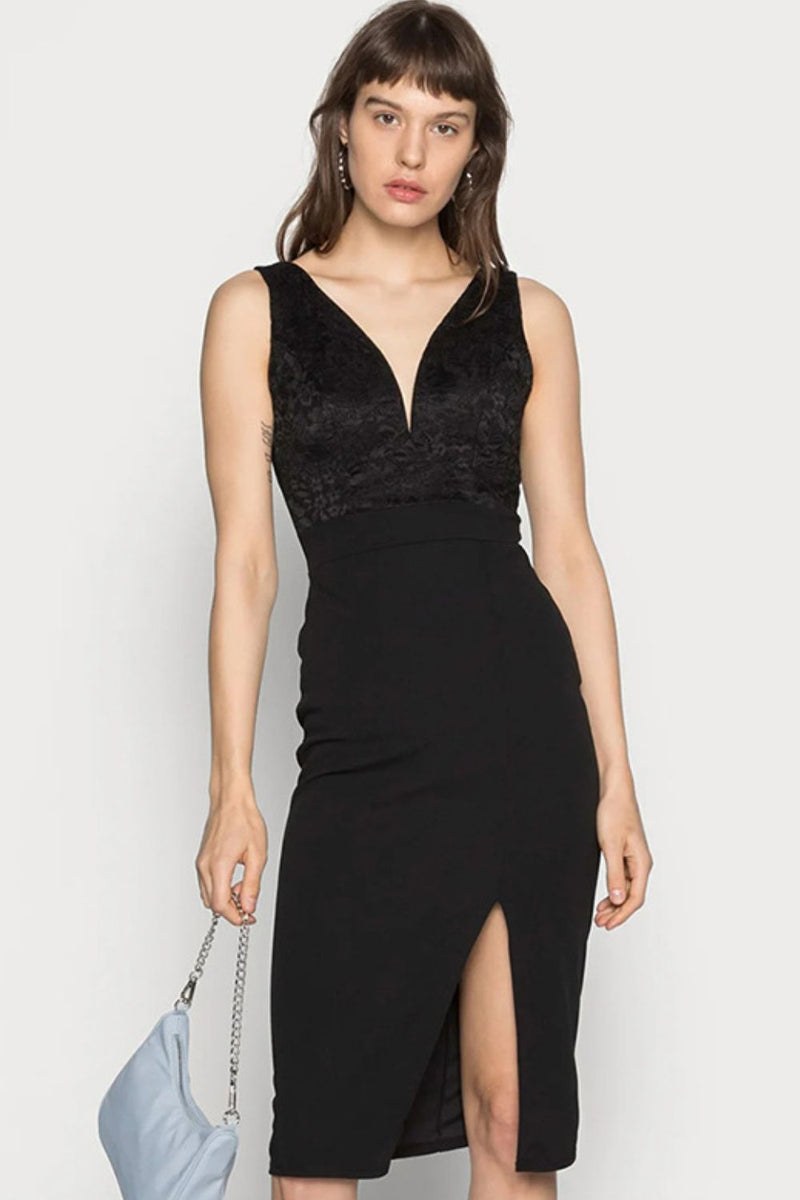 Front Slit Sleeveless Spliced Lace Plunge Bodycon Dress