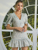 Floral Tie-Cuff Puff Sleeve Ruffle Hem Dress