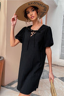 Lace-Up Short Puff Sleeve Mini Dress