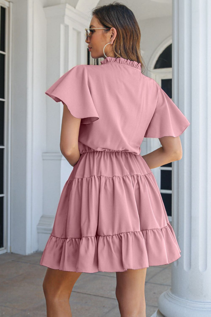 Tie Neck Tiered Flutter Sleeve Dress