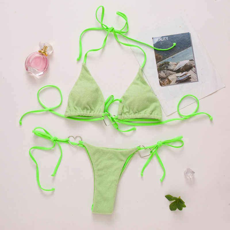 Women's Solid Color Heart Buckle Lace-up Bikini Set