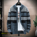 Stand-up Collar Striped Men's Plus Fleece Sweater Knit Sweater