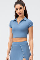 Cropped Short Sleeve Collared Yoga Top