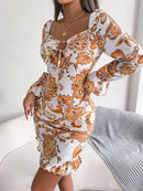 Printed Drawstring Ruffle Hem Dress