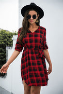 Gingham Tie Waist V Neck Dress