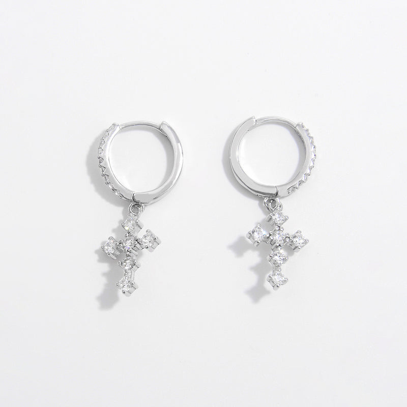 925 Sterling Silver Inlaid Zircon Cross Dangle Earrings