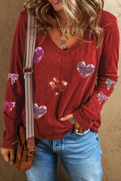 Sequin Heart V-Neck Long Sleeve T-Shirt