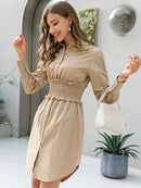 Button Front Frill Trim Smocked Waist Shirt Dress