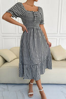 Plaid Cutout Square Neck Smocked Dress