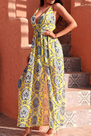 Printed Backless Plunge Split Maxi Dress