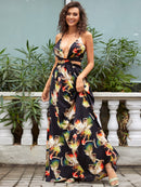 Feather Print Deep V Lace-Up Dress