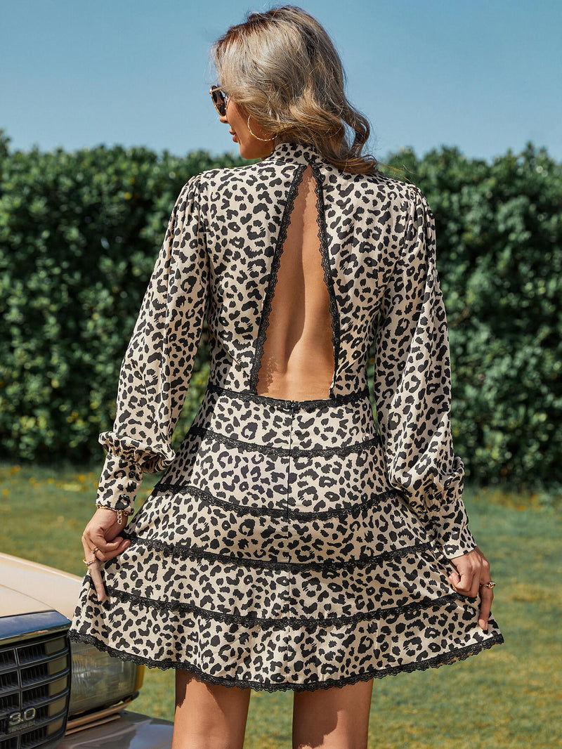Leopard Open Back Lace Trim Mock Neck Dress