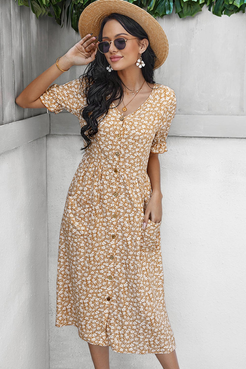 Ditsy Floral Button Down Midi Dress with Pockets