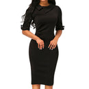 Women Turn-down Collar Spring Half Sleeve Knee-Length Dresses Sheath Solid