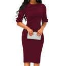 Women Turn-down Collar Spring Half Sleeve Knee-Length Dresses Sheath Solid