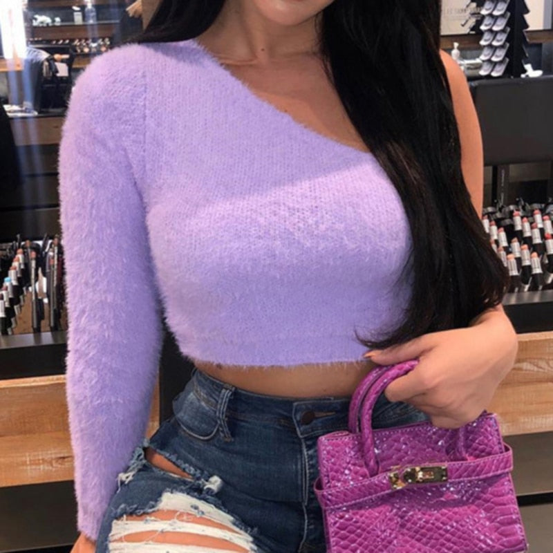 Women Asymmetrical T Shirt Purple Long Sleeve Crop Top
