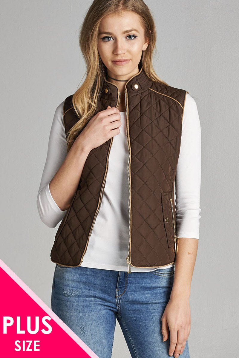 Quilted Padding Vest With Suede Piping Details