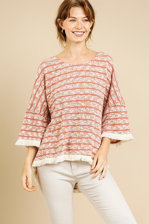 Heathered Striped Knit Bell Sleeve Round Neck Top