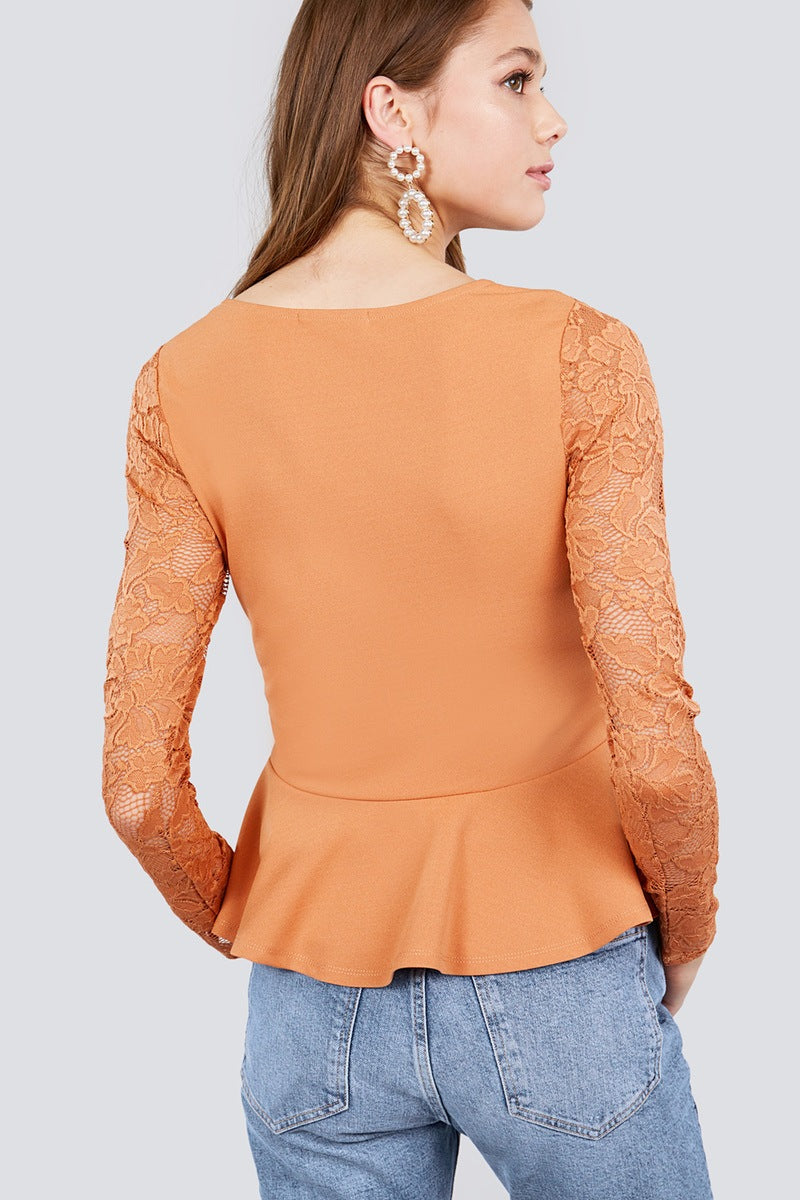 Long Sleeve Round Neck Lace Detail Peplum Knit Top